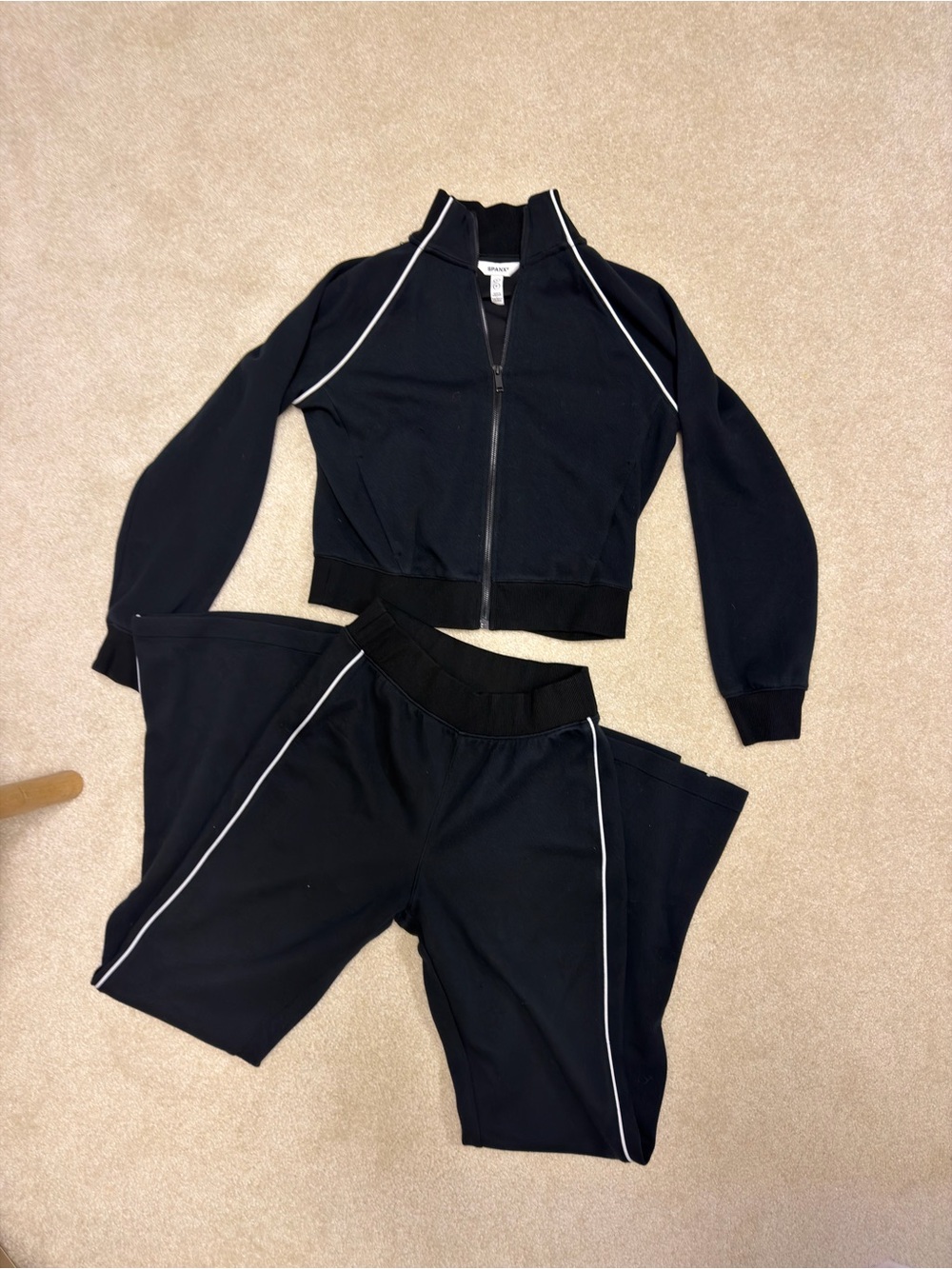 Spanx Black Track Jacket and Pants Set with White Piping